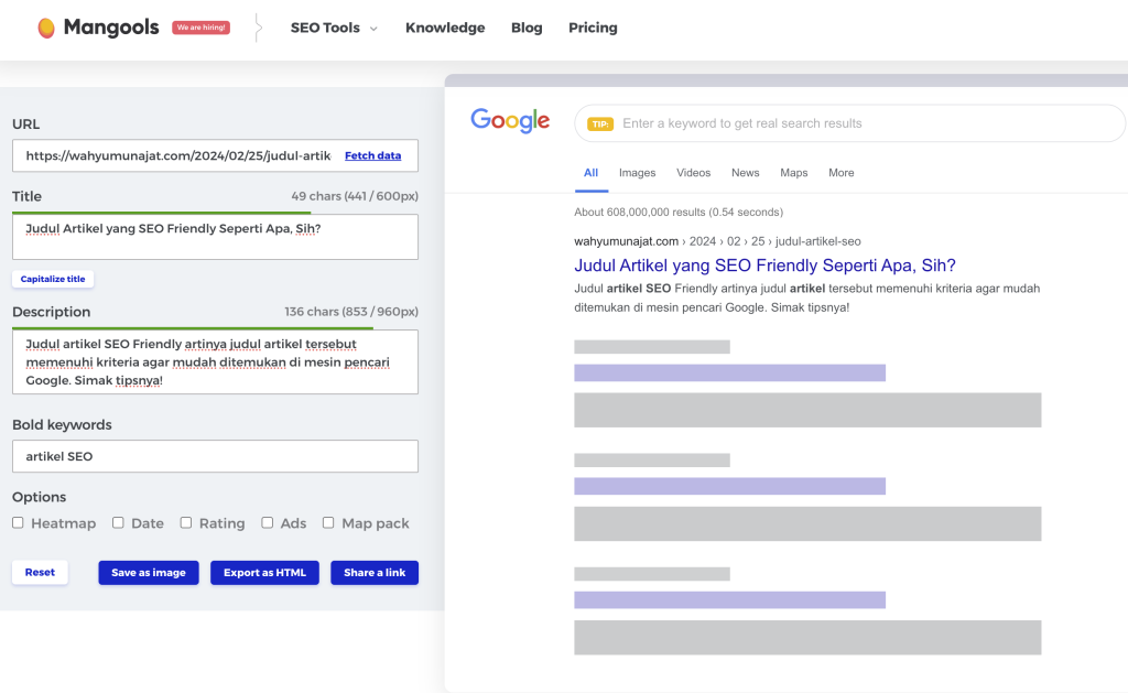 Contoh SERP Simulator artikel SEO